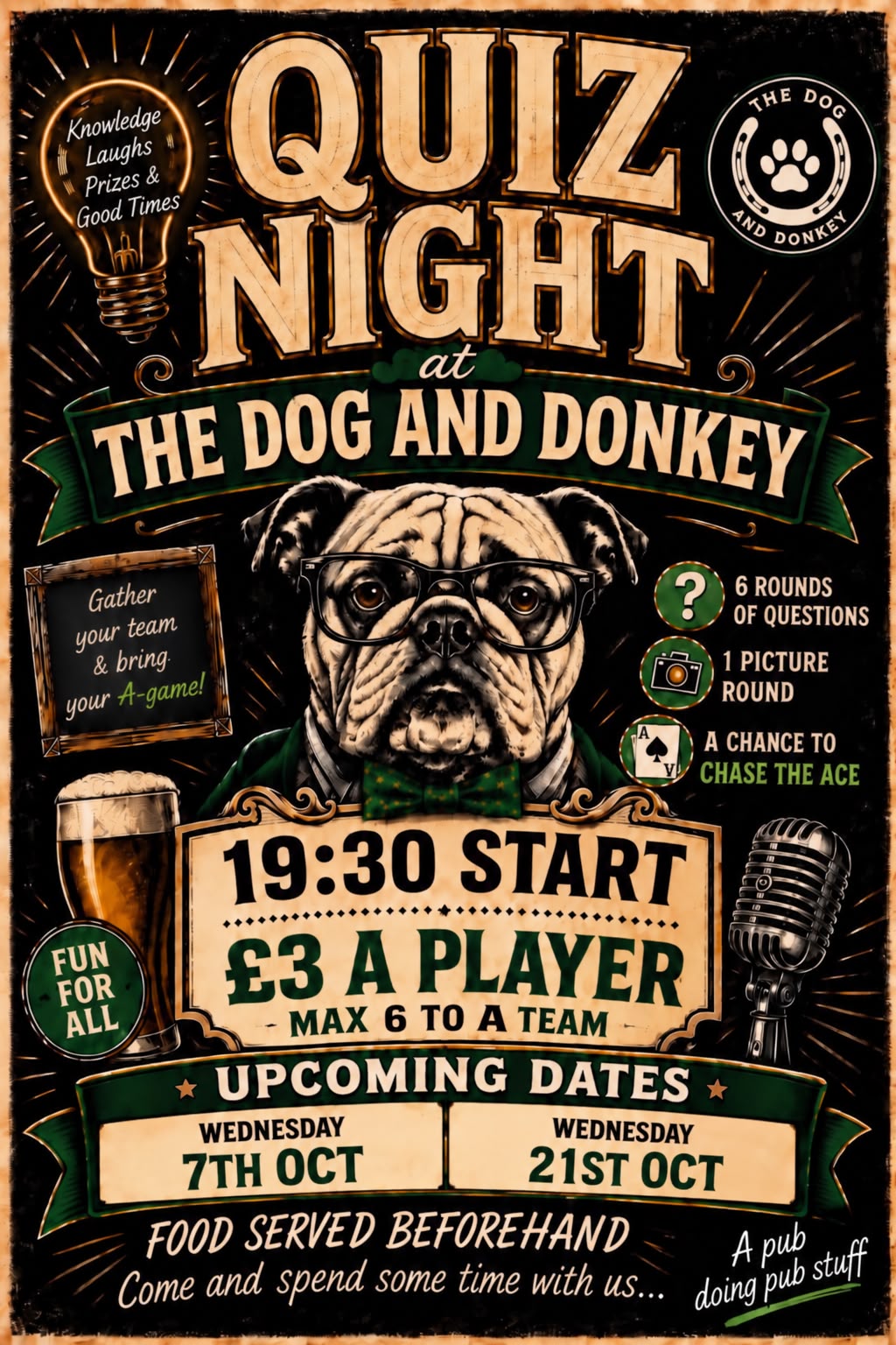 Quiz Night flyer: Wednesday 7 October and Wednesday 21 October, 7:30pm start, £3 a player.